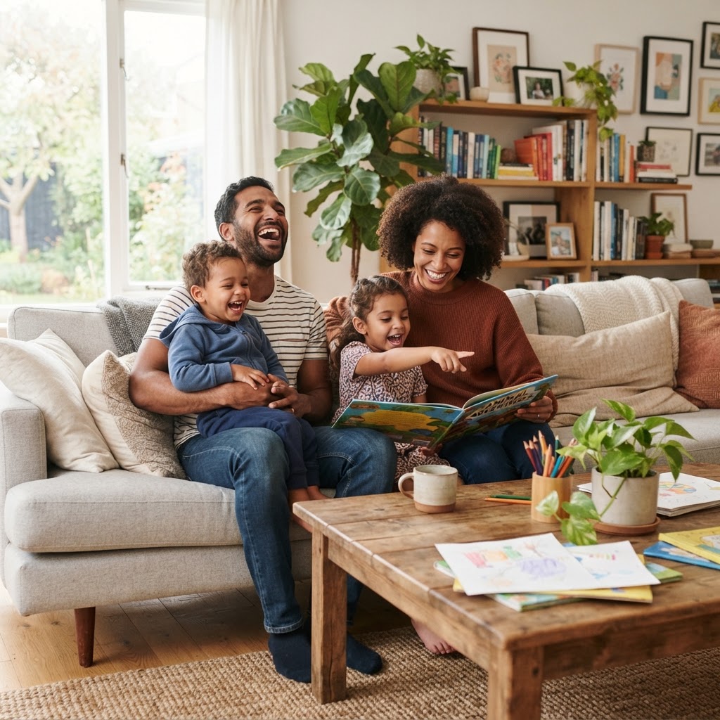 Happy family learning together